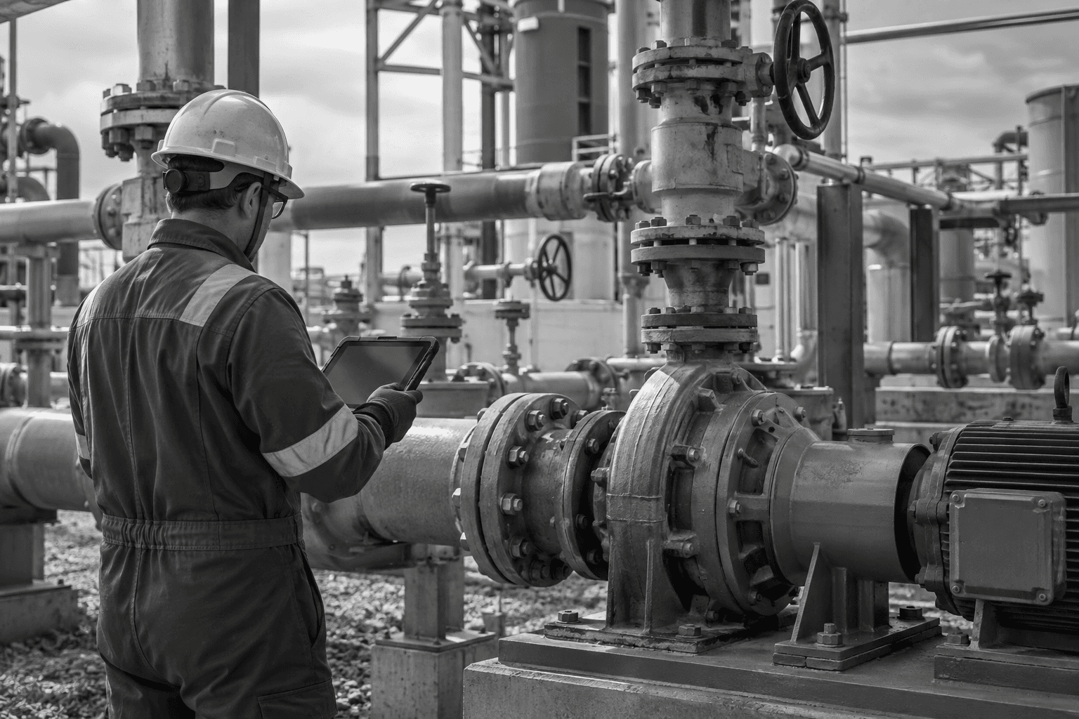 Illustrative black-and-white photograph of a technician inspecting industrial equipment with a rugged tablet.